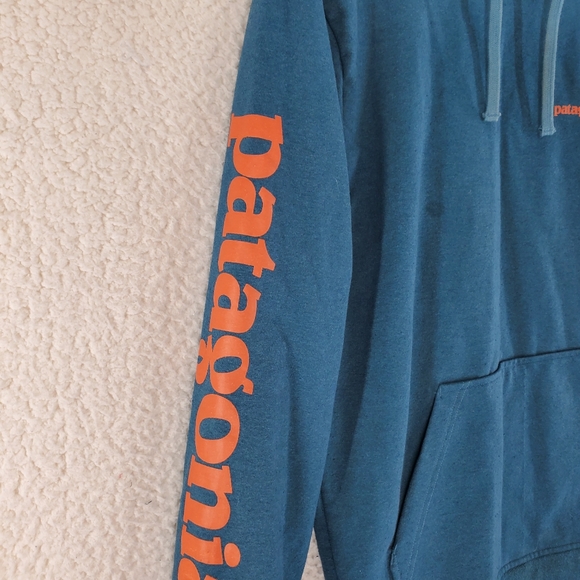 Patagonia Uprisal Hoodie Sweatshirt Men M Regular Fit Teal Pullover Orange Logo - Picture 10 of 14